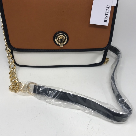 JustFab Color Blocked Messenger Bag, Size  10”L x 8”H x 4”D - Black/Cognac/White - Picture 9 of 13